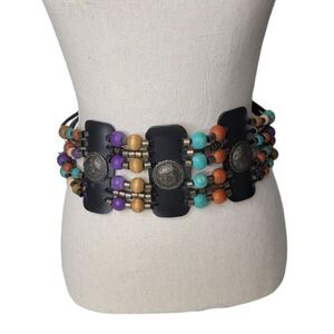 Vintage beaded leather belt Adjustable orange aqua blue silver black Hippie